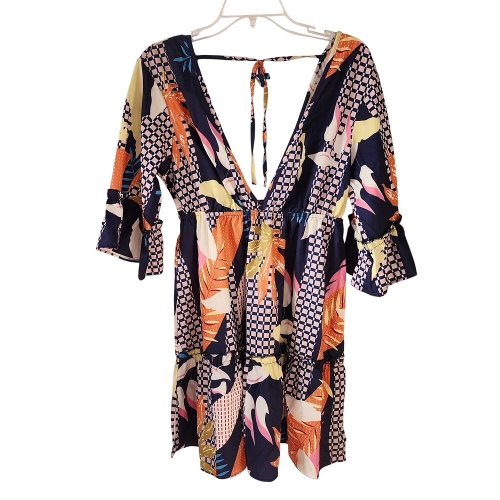 AIMAGE Blue Orange Deep V Neck Short Summer Spring Dress Size S